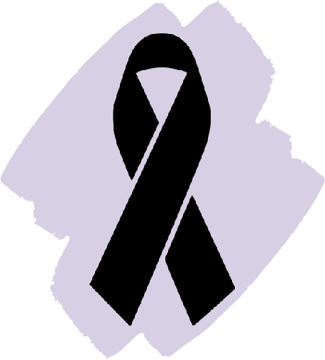 A black ribbon is shown on the side of a purple background.